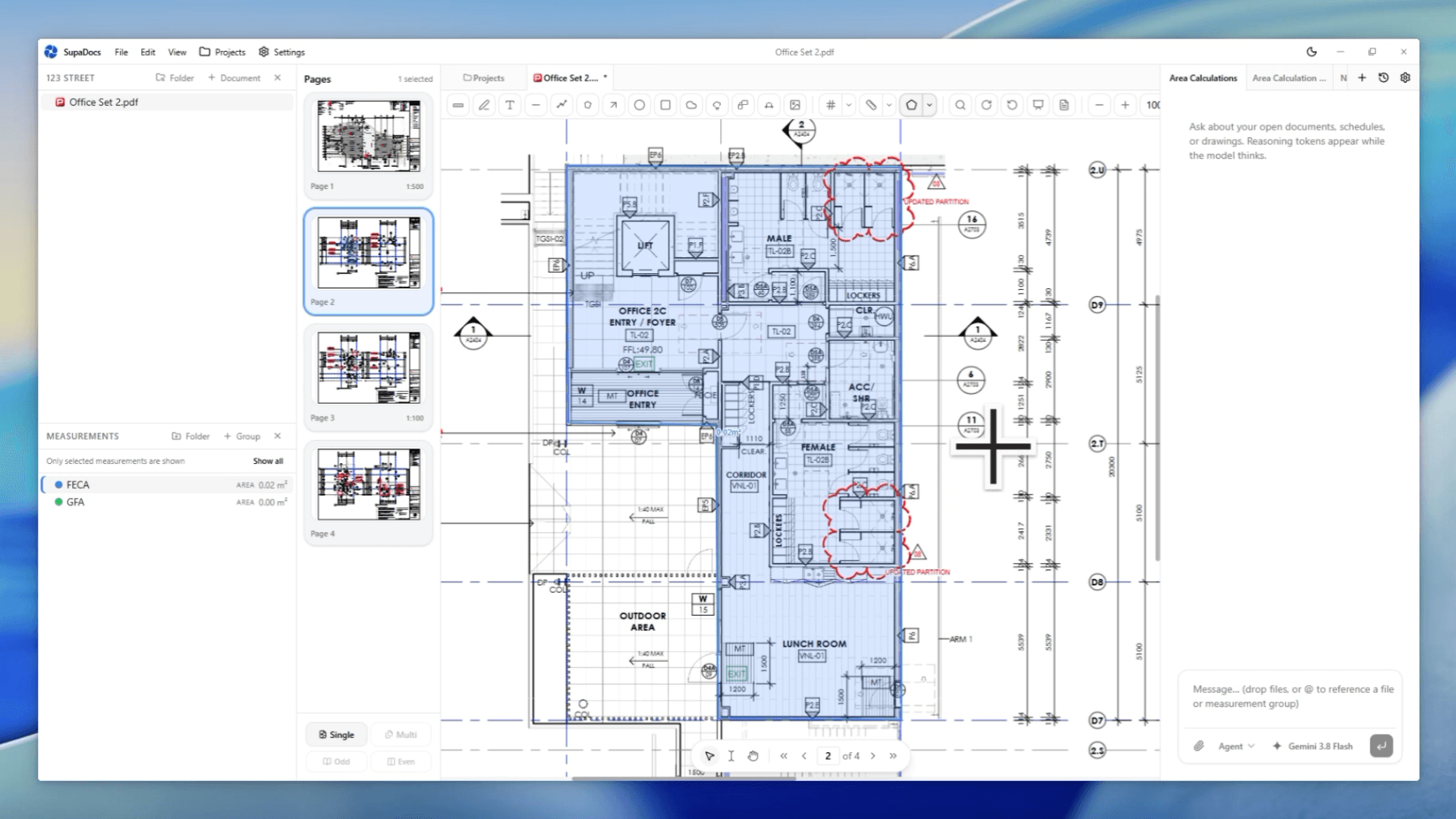 SupaDocs measuring floor areas on an architectural plan, with the AI agent panel open alongside